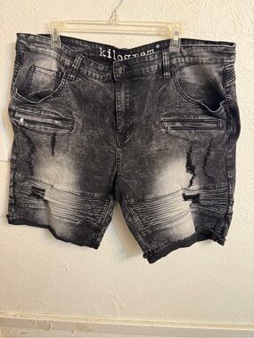 Kilogram Men's Washed Black Distressed Denim Shorts